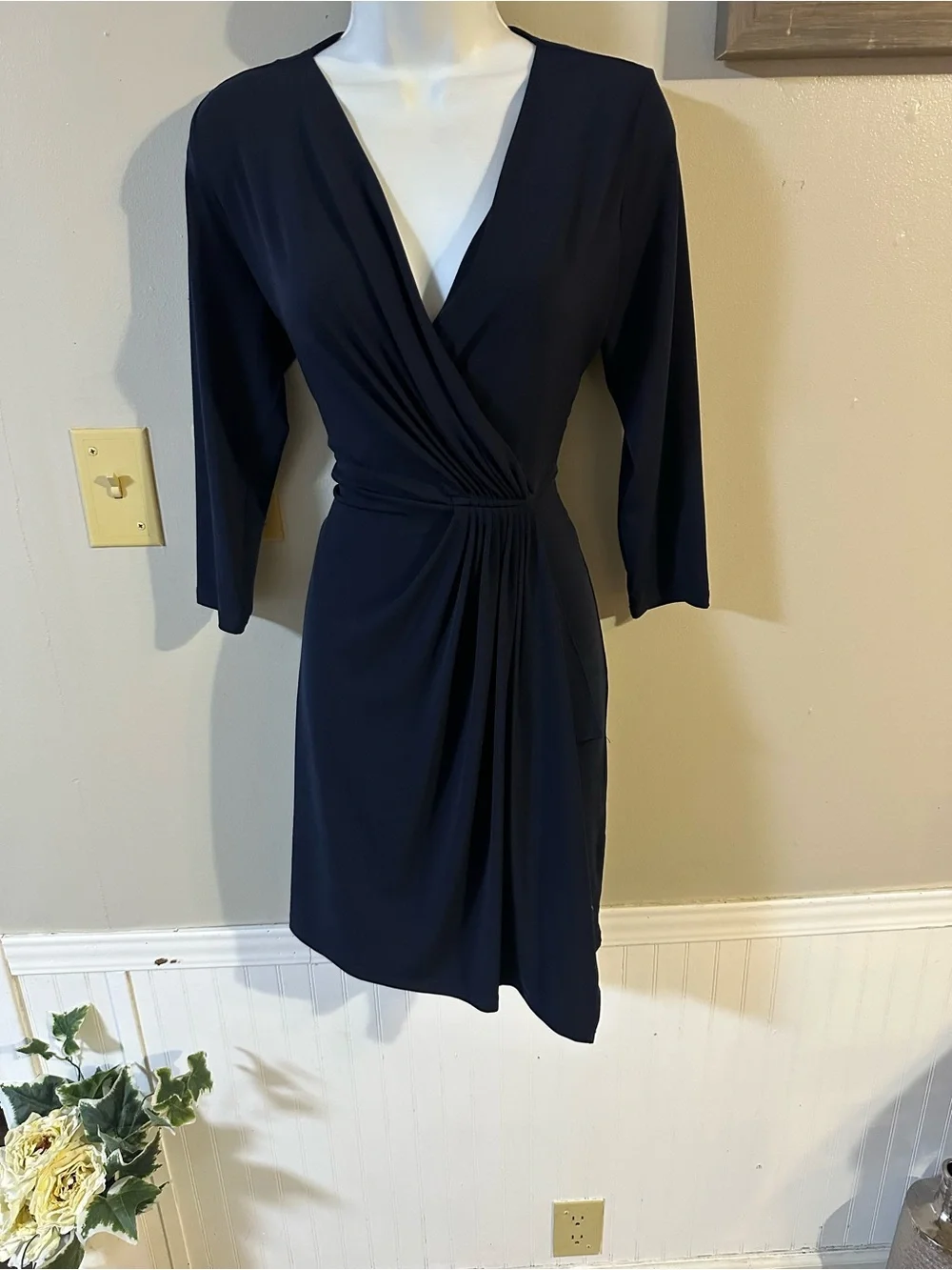 Michael Kors Navy Faux-Wrap Long Sleeve Dress